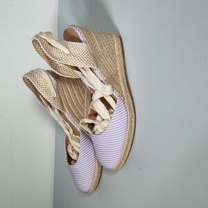LOFT purple stripe seersucker lace up espadrille wedges 9
